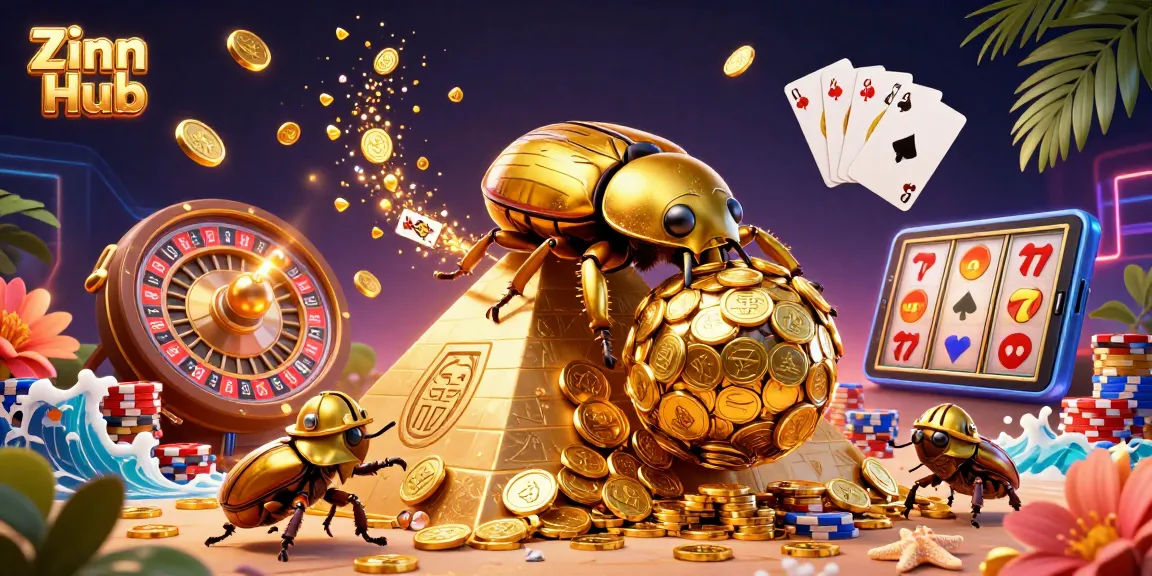 Zinn Hub features a vibrant 3D illustration of a golden dung beetle amidst casino elements, symbolizing the excitement of gambling.