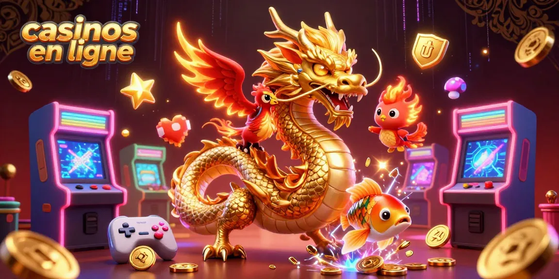 Plongez dans l'univers des casinos en ligne avec un dragon doré, un phénix et des jetons brillants.