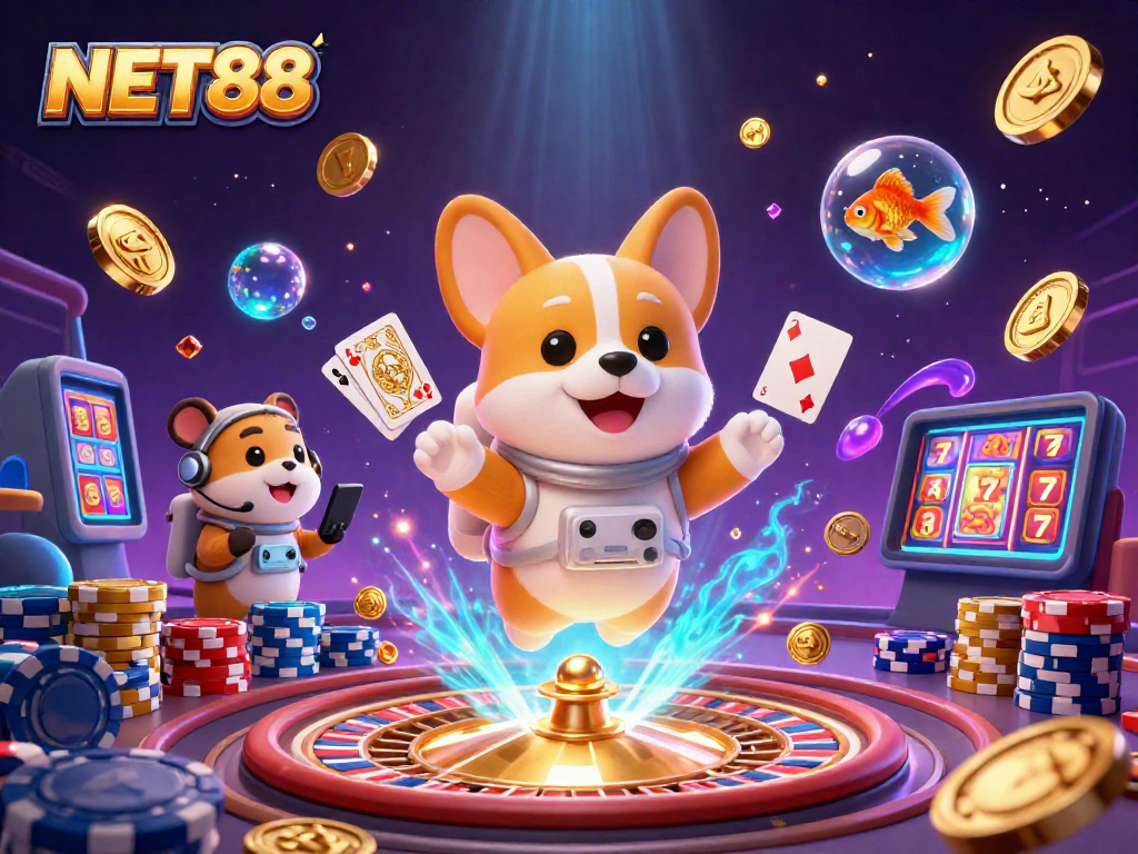 NET88 showcases a vibrant casino scene with a floating corgi astronaut, hamster guide, and goldfish, surrounded by casino elements.