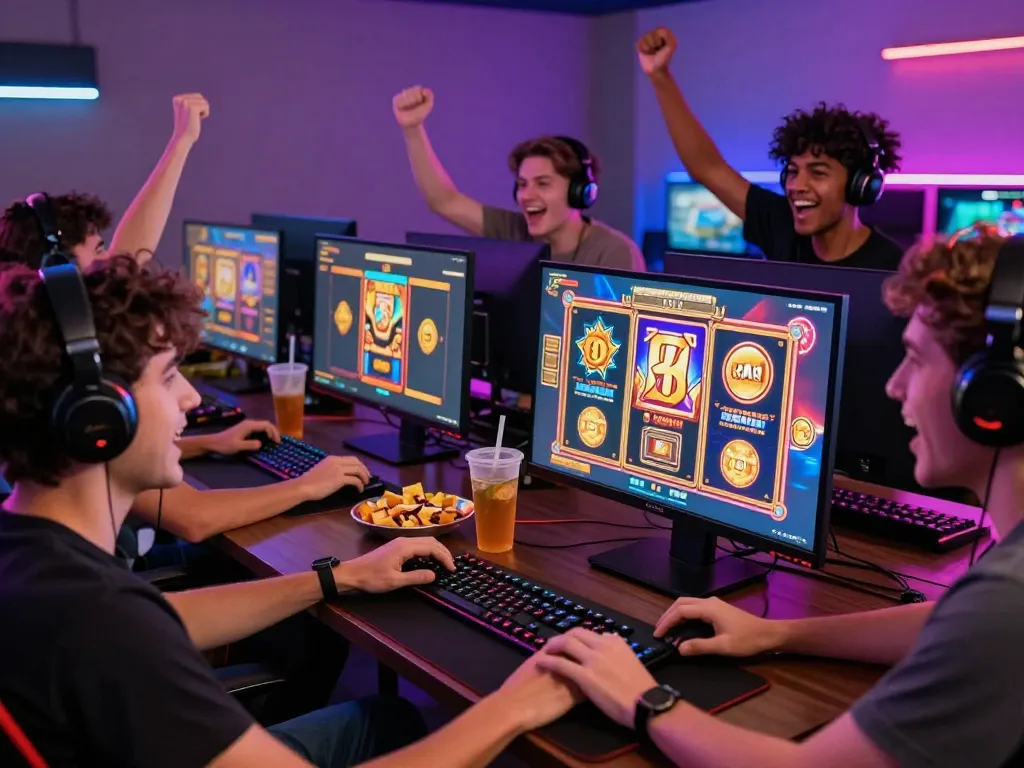 Engaged gamers enjoying slot gacor online, showcasing excitement and camaraderie in a vibrant gaming environment.