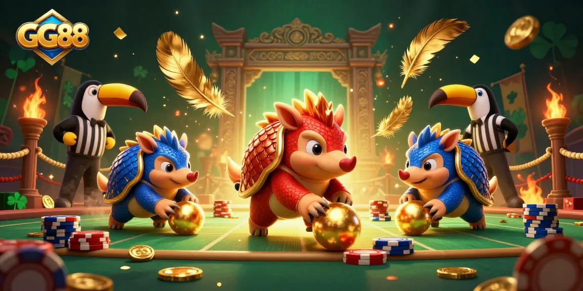 Enjoy the dynamic GG88 casino experience with rival pangolins competing in a vibrant gambling arena.