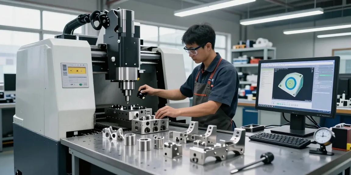 Machined stainless steel parts being manufactured by technician at CNC machine in a bright workshop.