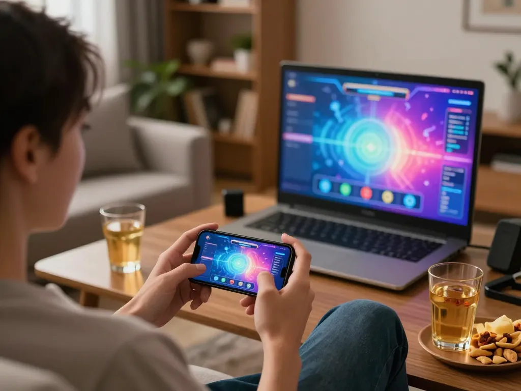 Engaging in mobile gambling on 789win com within a cozy home environment, showcasing excitement and strategy.