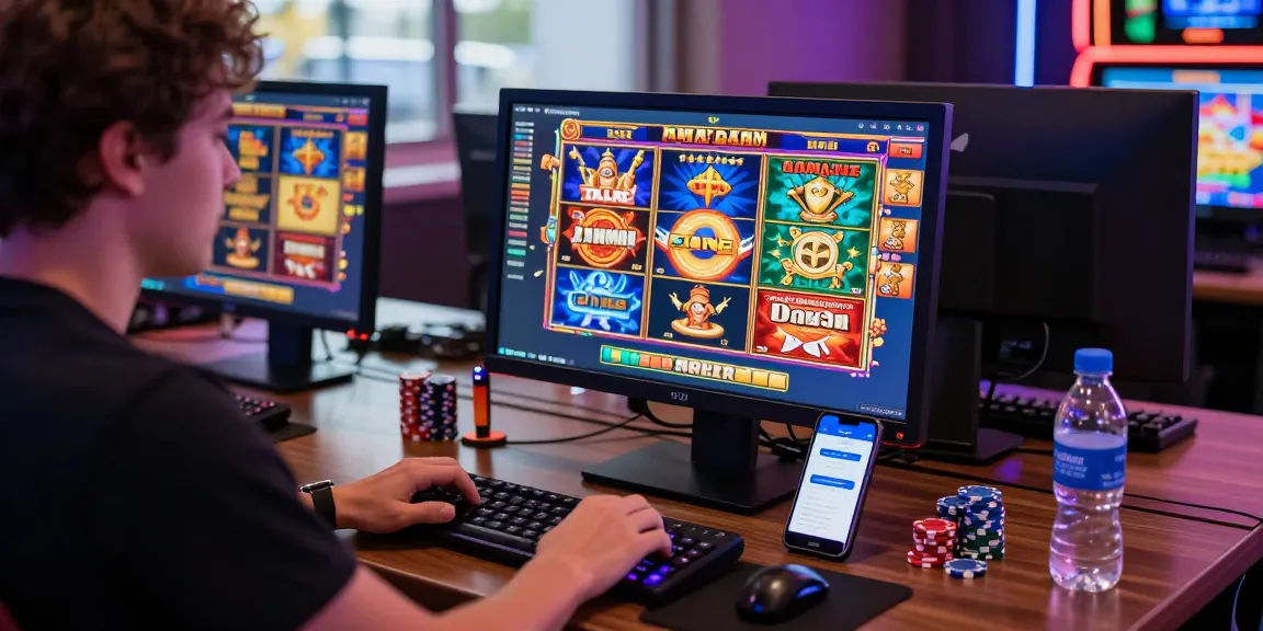 Engaged user playing online slot games with DANA deposit interface displayed.