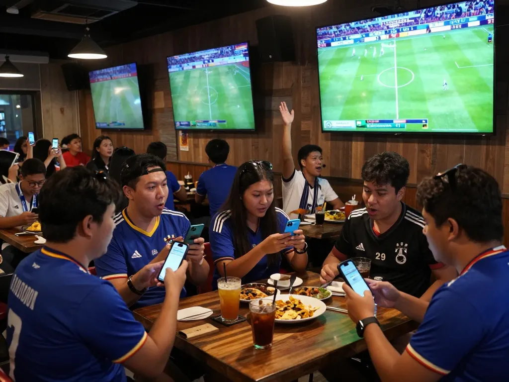 Bongdalu users placing bets in a lively sports bar while watching live football.