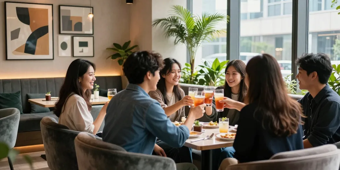 강남쩜오에서 편안히 즐기는 친구들의 모임과 고급 인테리어 모습