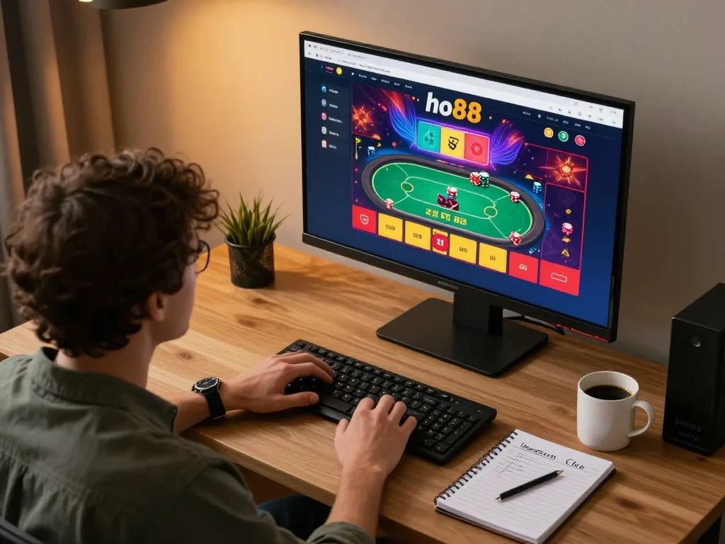 Person playing poker on ho88 online casino from home, showcasing vibrant gaming interface.