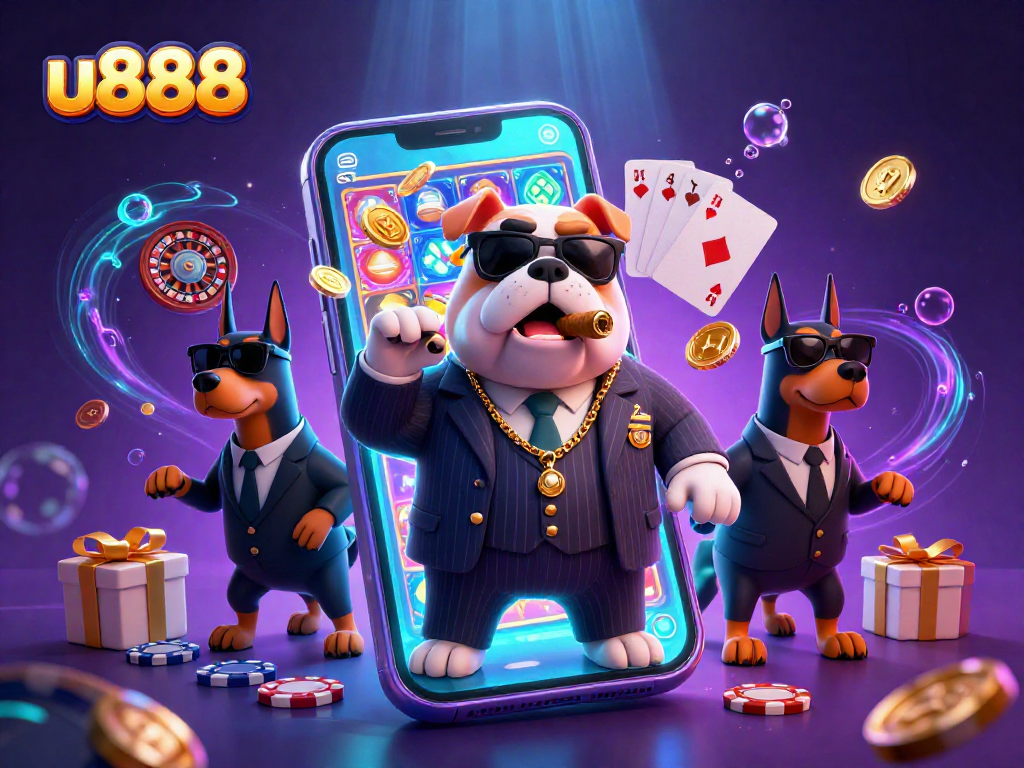 Experience exciting winnings at u888 with this vibrant casino-themed illustration featuring a mobster bulldog and Doberman bodyguards.