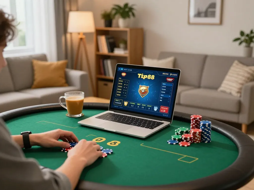 Player strategizing poker games on tip88 in a cozy home setting, enhancing focus and engagement.