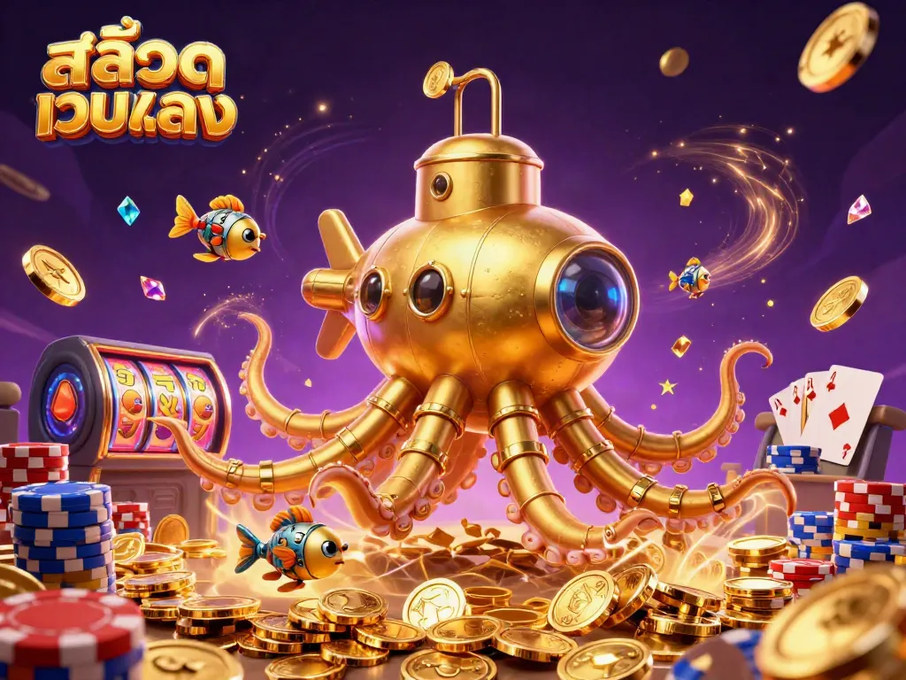 สนุกไปกับ สล็อตเว็บตรง ในภาพประกอบที่มีคราเคนทองคำและเหรียญทอง