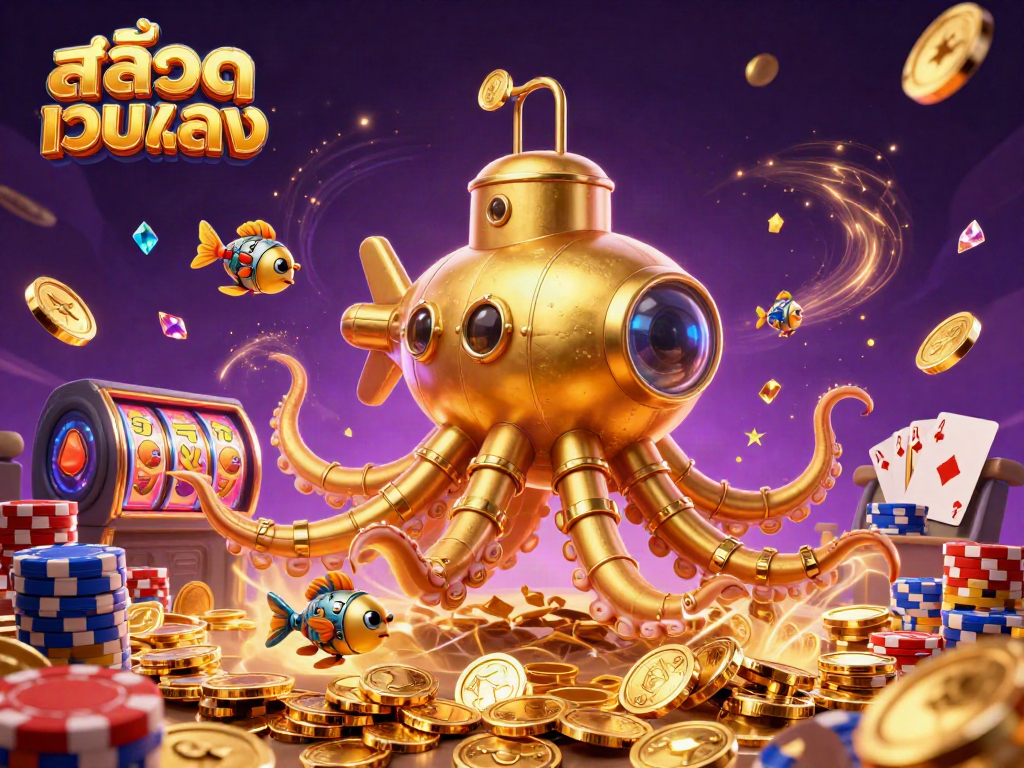 สนุกไปกับ สล็อตเว็บตรง ในภาพประกอบที่มีคราเคนทองคำและเหรียญทอง