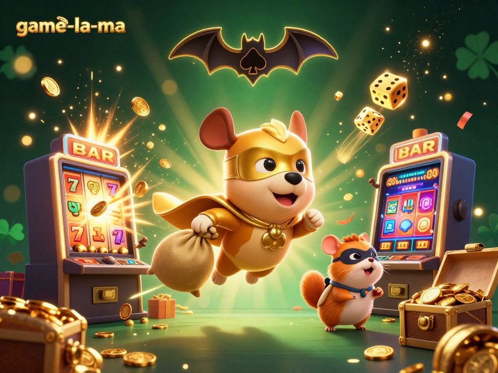 Experience game-la-ma's vibrant casino world with our superhero dog and hamster duo amidst exhilarating jackpots.