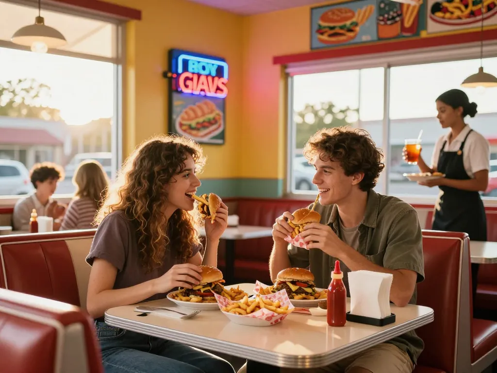 Couple enjoying fast food prices in a retro diner, burgers and fries on table, vibrant atmosphere.