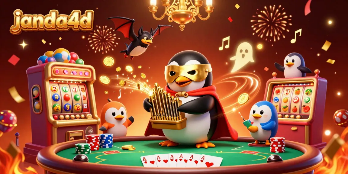 Gambarkan JANDA4D dengan penguin opera bermain organ dan mesin lotre yang penuh angka