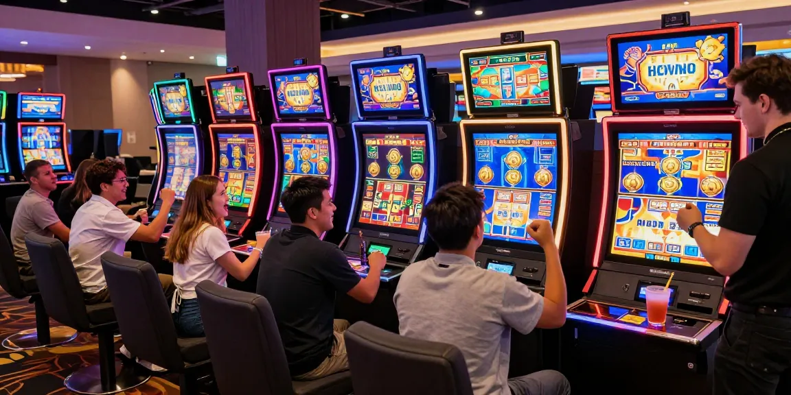 Exciting online casino scene featuring players enjoying slot games with colorful machines, celebrating wins in a vibrant atmosphere.