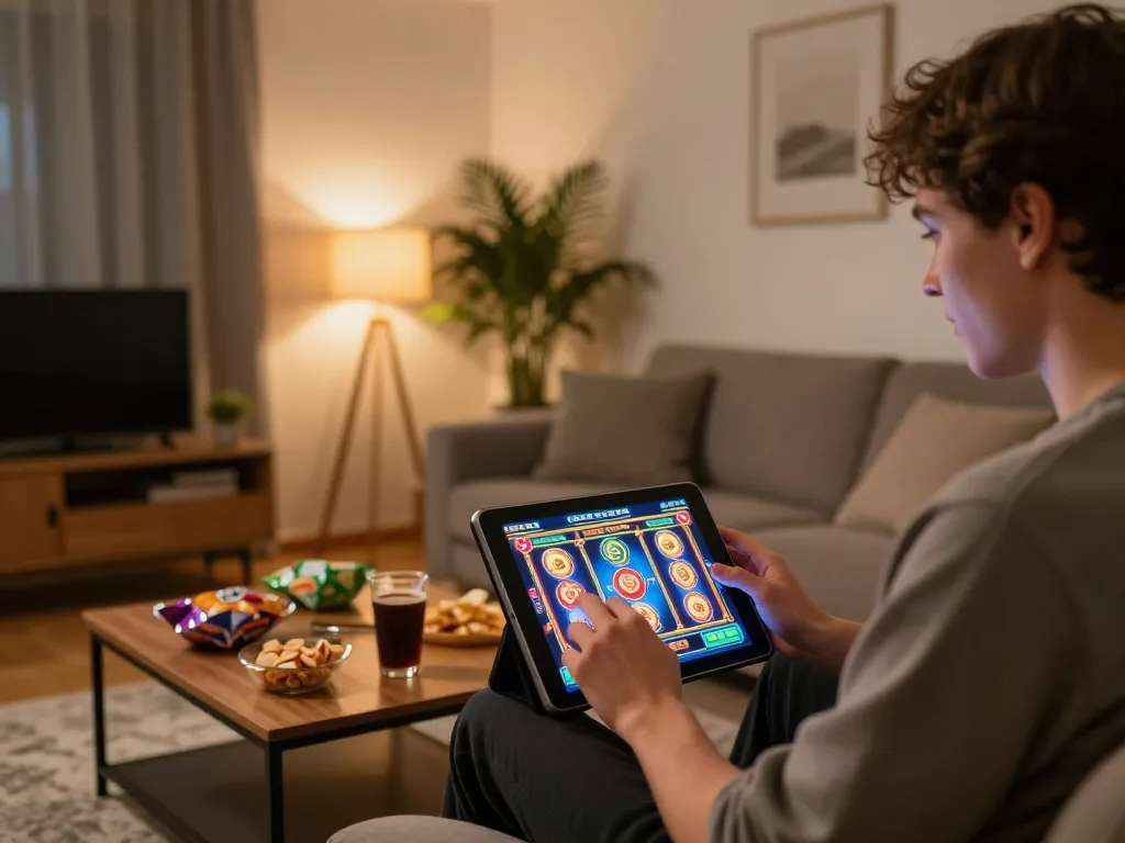 Engage in thrilling situs slot gacor gameplay with vibrant graphics on a tablet in a cozy home setting.