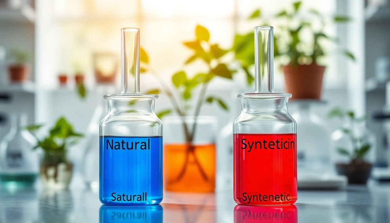 Compare natural astaxanthin vs synthetic astaxanthin in a vibrant lab setting with colored beakers.