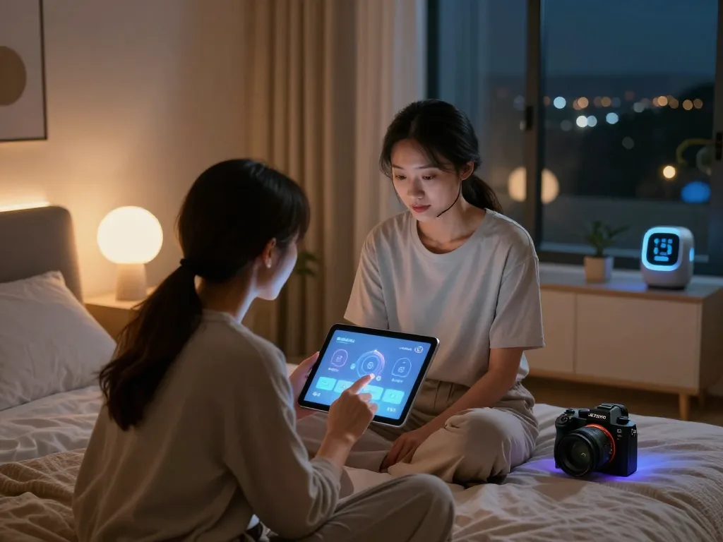 Couple interacting with an AI sex companion in a modern bedroom, showcasing technology and intimacy.