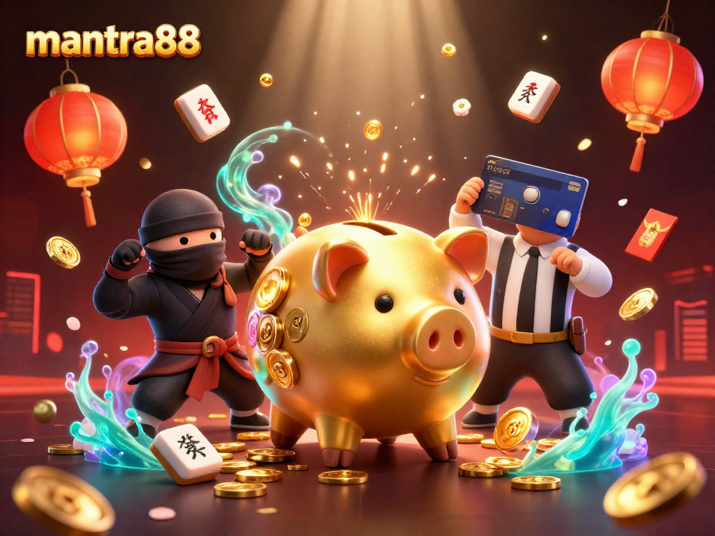 Experience the thrill of mantra88 with a vibrant illustration of a sumo wrestler and ninja in action.