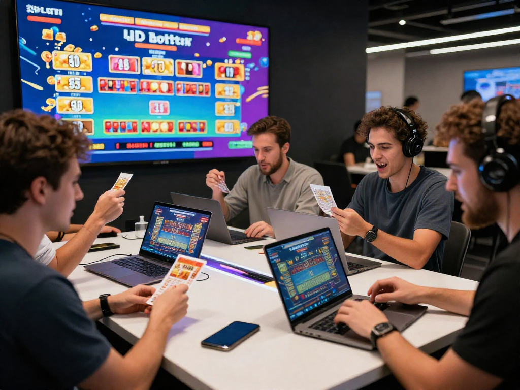 Engaging scene of players checking daftar toto 4d lottery tickets on a vibrant online platform, showcasing excitement and anticipation.