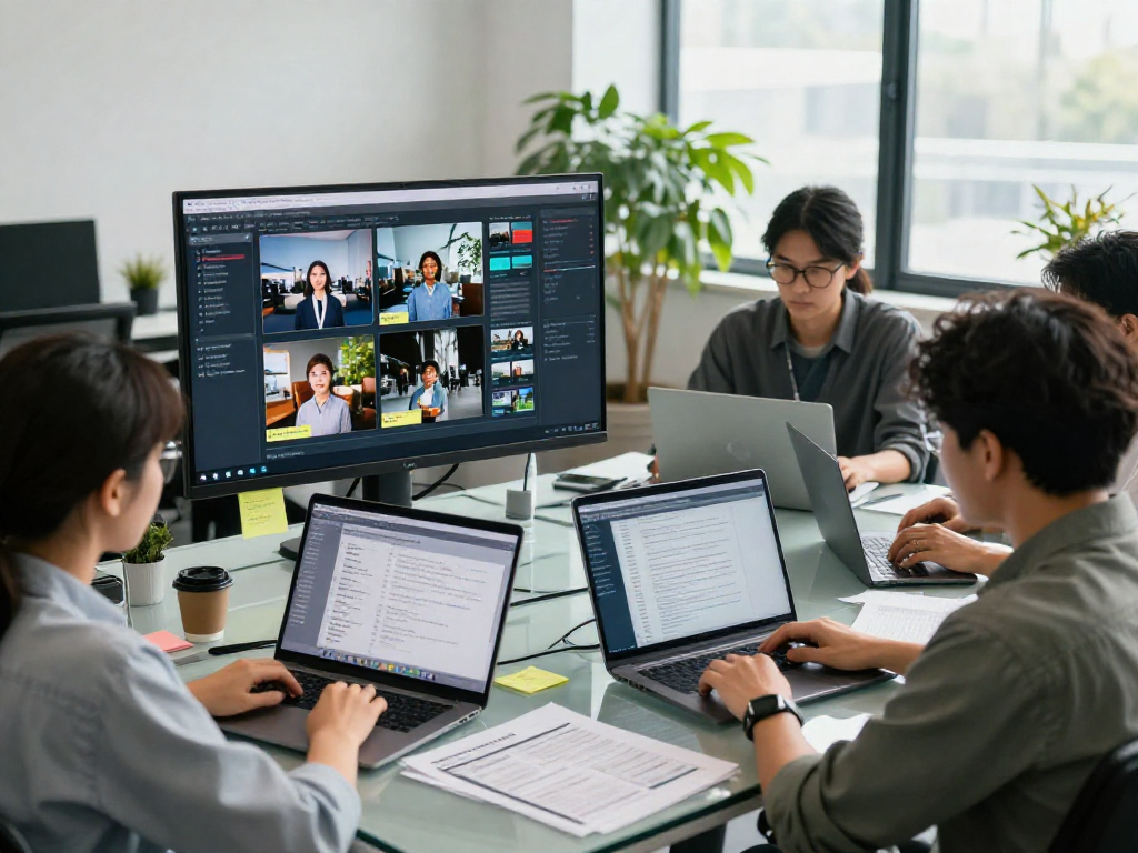 Data analyst using ai image detector for content moderation in a modern office.
