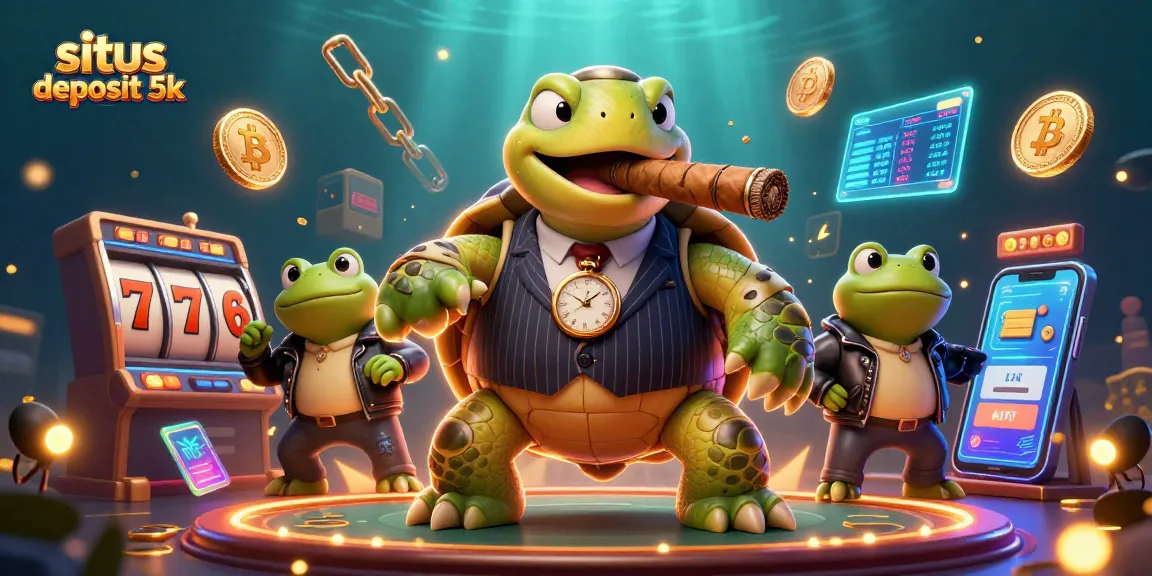 Engage with situs deposit 5k showcasing a vibrant casino scene with a snapping turtle and bullfrogs.