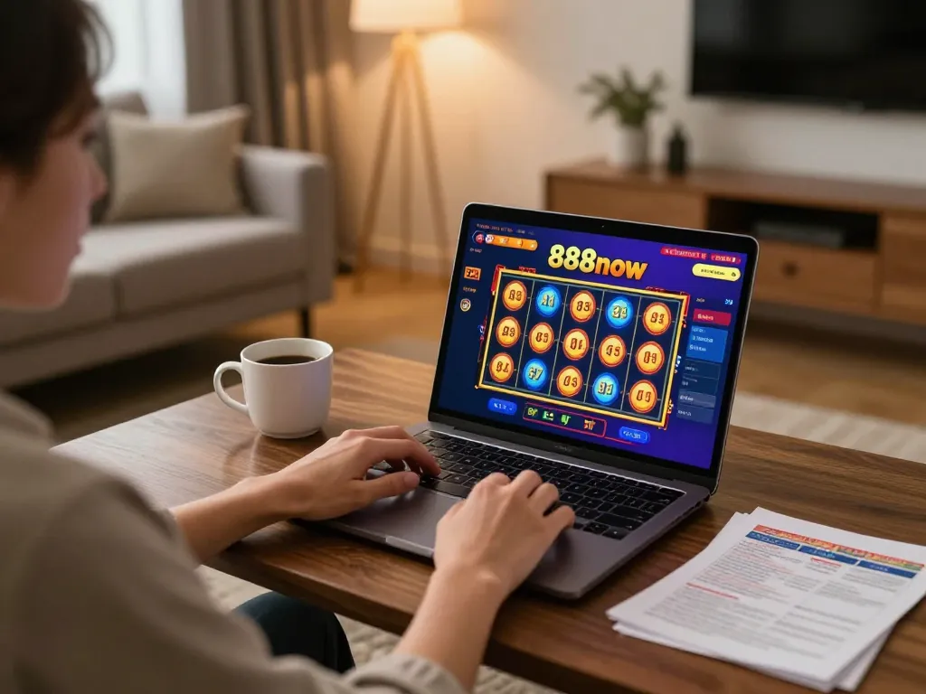 Engaging in online gambling on 888now with a laptop at a cozy home setup, showcasing responsible entertainment