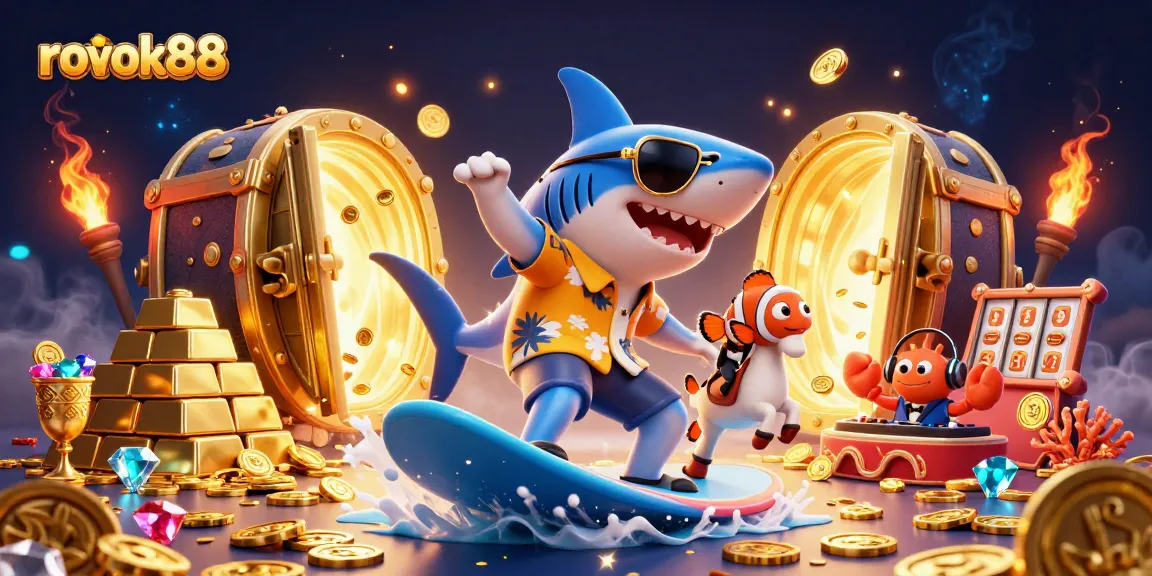 Experience explosive fun with rokok88 as a cartoon shark surfs gold coins amidst vibrant casino themes.