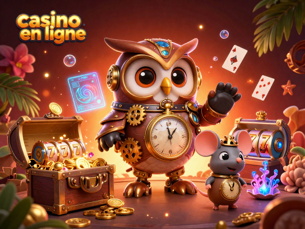 Jouez au casino en ligne avec un hibou voyageur et des éléments de jeu colorés.