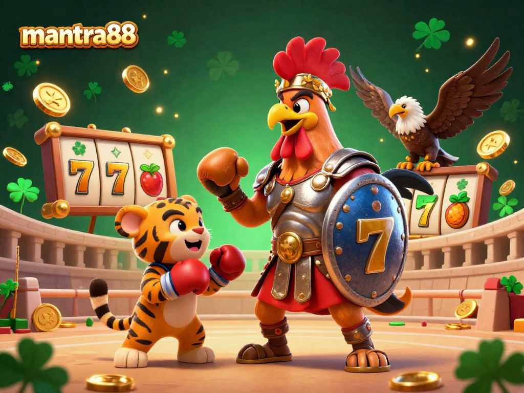 Experience the thrill of mantra88 gaming with colorful slot reels and dynamic gold coins in a vibrant illustration.