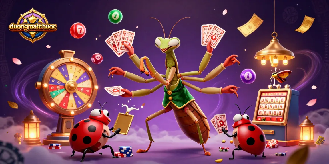 Engage with duongmatchuoc's thrilling game scene featuring a mantis dealer and vibrant lottery elements.