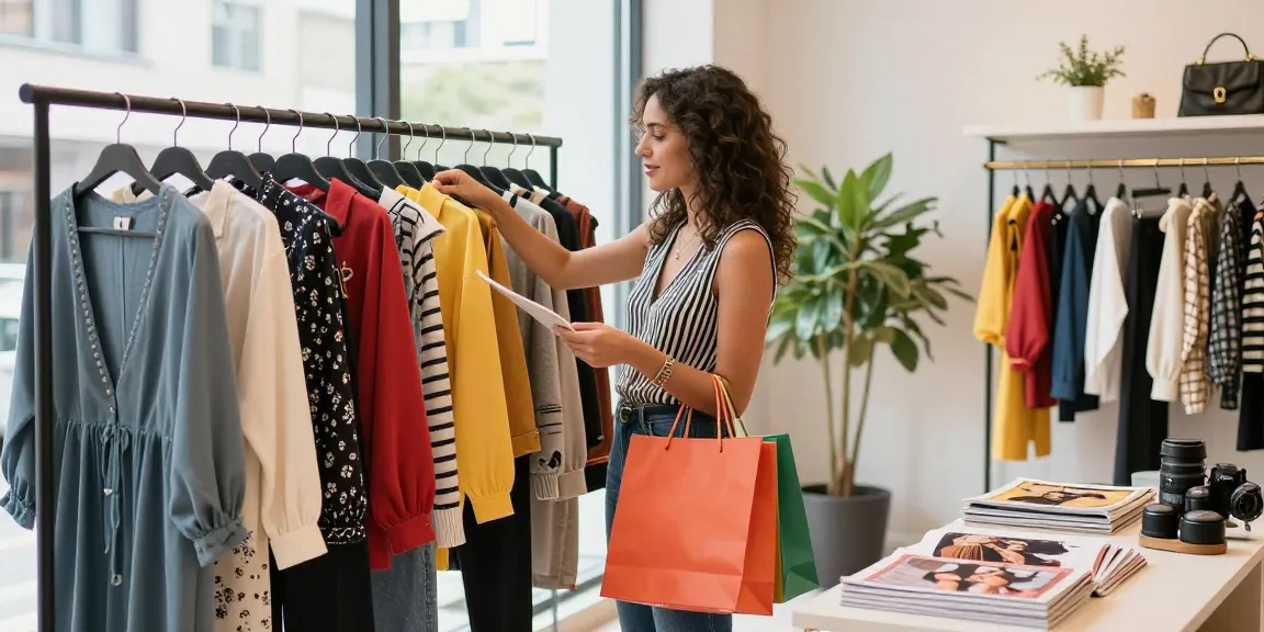 Consulenza di personal shopping con una donna stilosa in boutique, circondata da abiti e accessori
