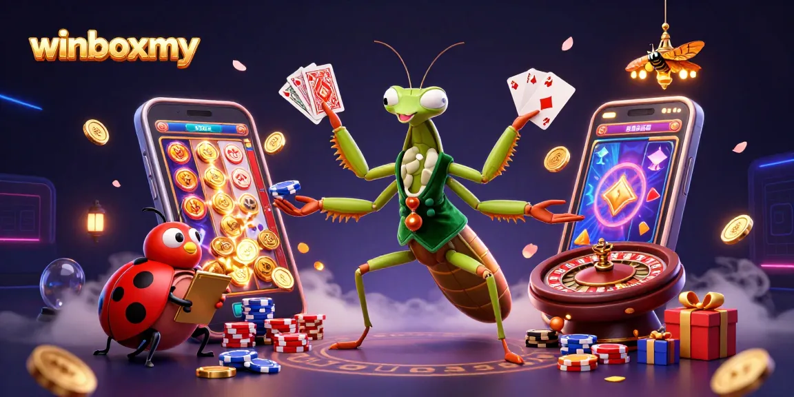 WinboxMY showcases a vibrant casino environment featuring a giant praying mantis card sharp and ladybug pit boss in action.