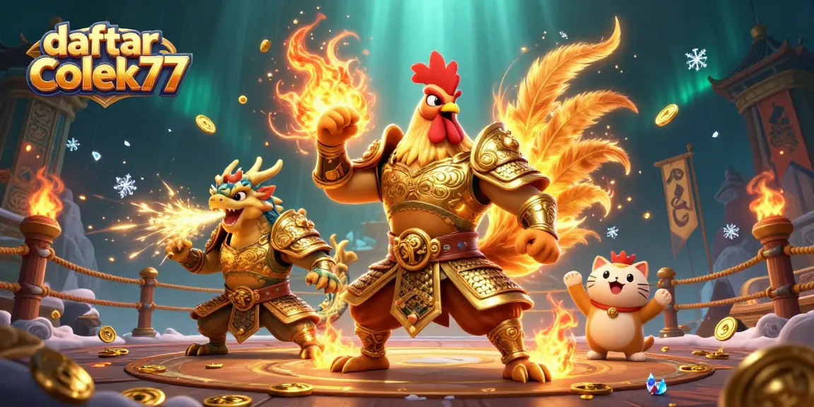 Join the excitement and explore daftar colek77 with fighting rooster and dragon characters in a vibrant casino setting.