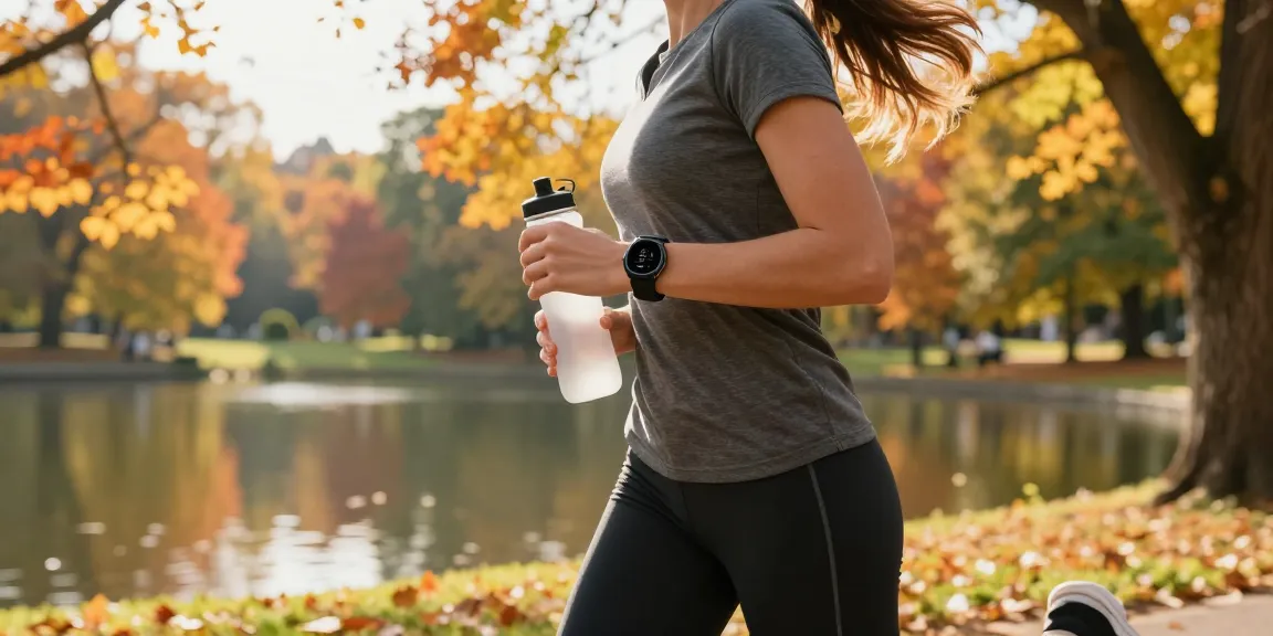 Menampilkan pengguna Fitbit Luxe dari https://www.polarfitbitshop.com/fitbit-luxe/ berlari di taman musim gugur dengan latar belakang pemandangan yang indah.