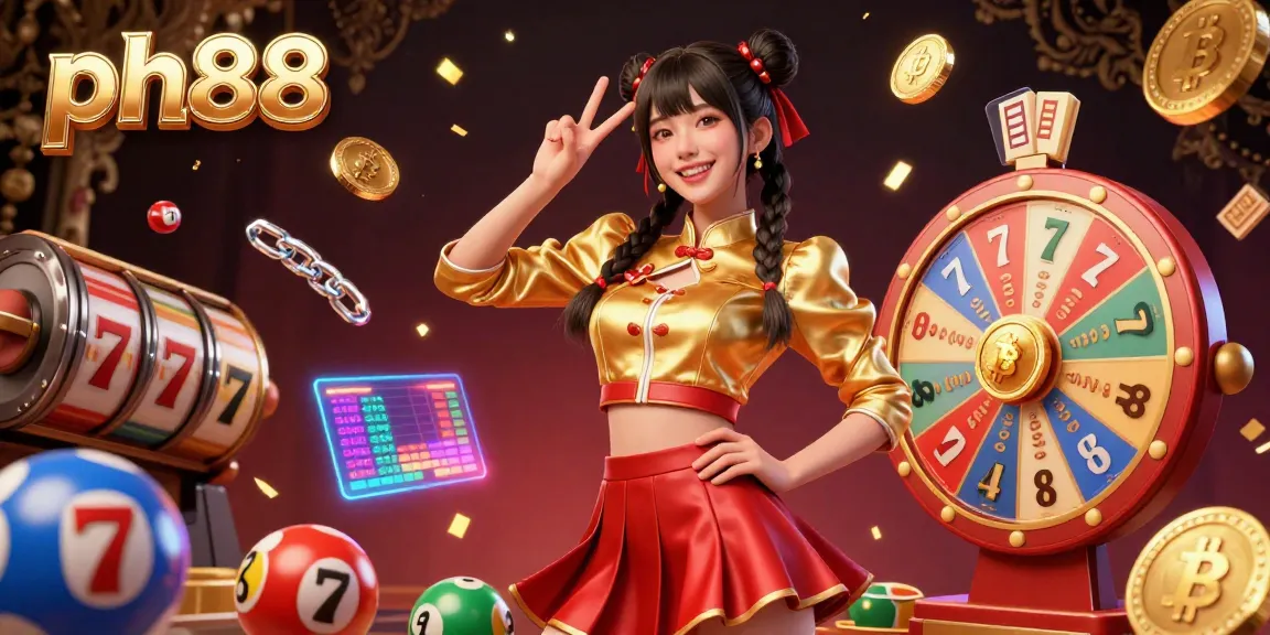 Experience thrilling gaming action with ph88 as a vibrant Asian woman celebrates wins amongst colorful casino elements.