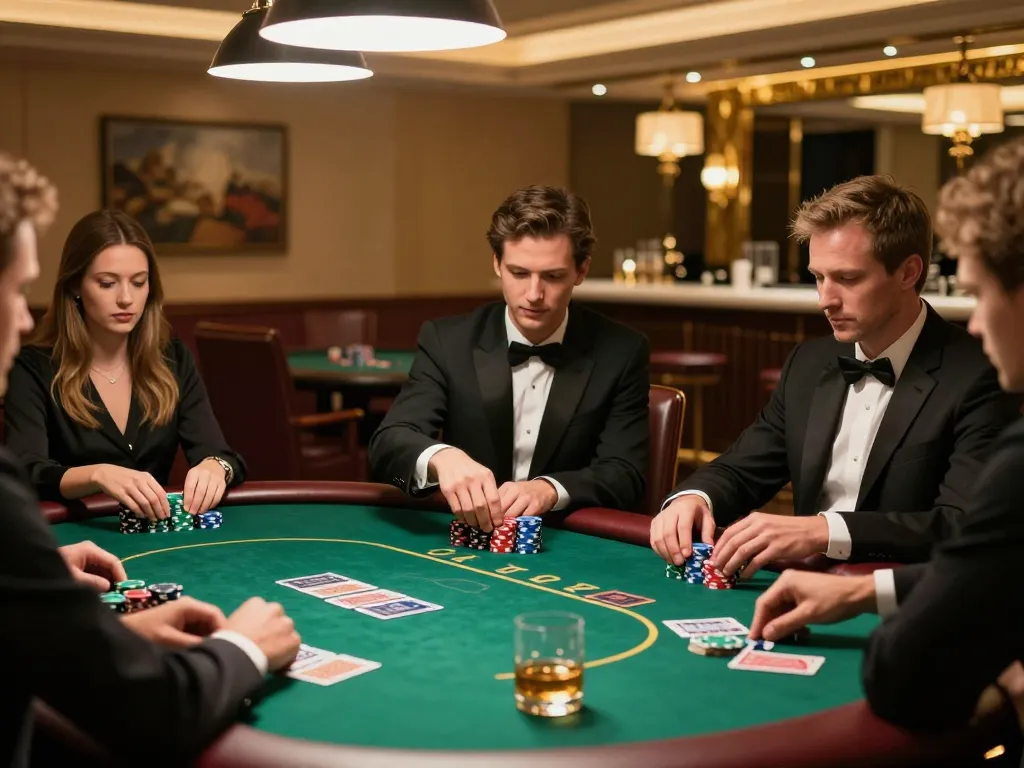 Players engaged in an intense poker game at a luxurious table with sky88 atmosphere.
