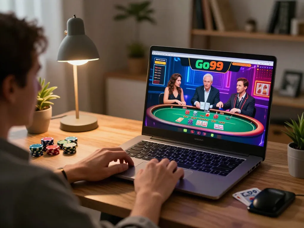 Engaging in Go99 gaming at a stylish home office, showcasing live dealer blackjack