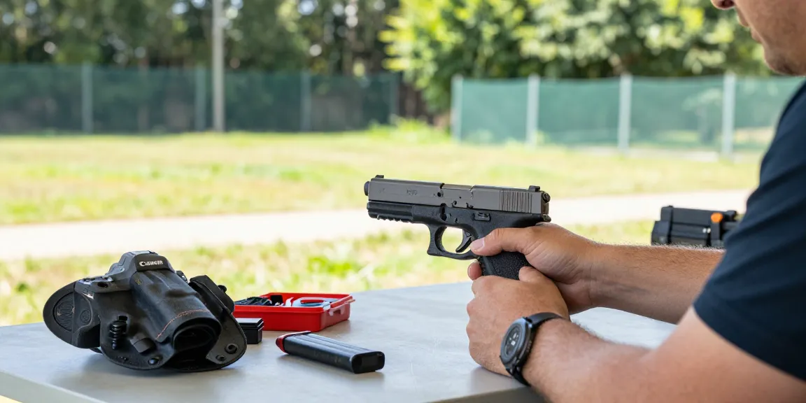 Precision Glock slides displayed at https://precisionglockslides.com during a shooting practice session.