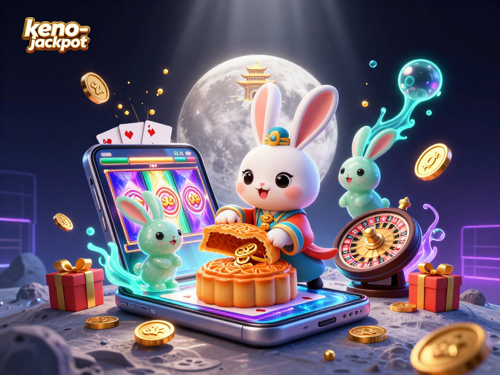 Try your luck with keno-jackpot as the moon rabbit reveals poker chips among vibrant game elements.