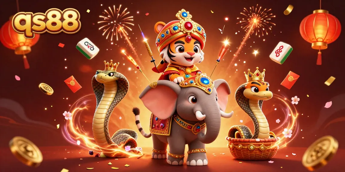 Experience the thrill of qs88 with a vibrant casino scene featuring a regal maharaja, jewel-encrusted elephant, and dynamic gaming elements.