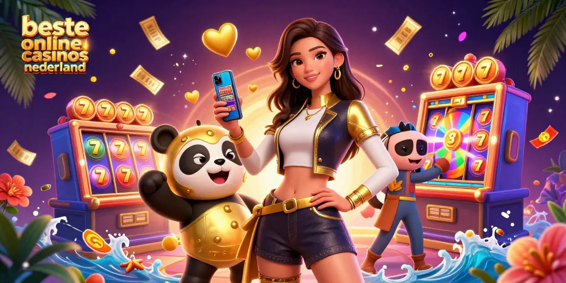 Experience the excitement at beste online casinos nederland with a vibrant casino scene featuring slots and a golden panda.