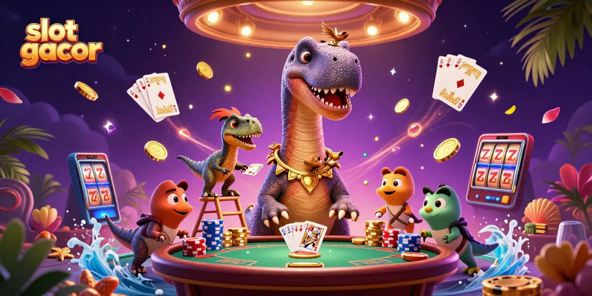 Experience slot gacor fun with a vibrant scene of a brontosaurus and clever raptor in a casino.