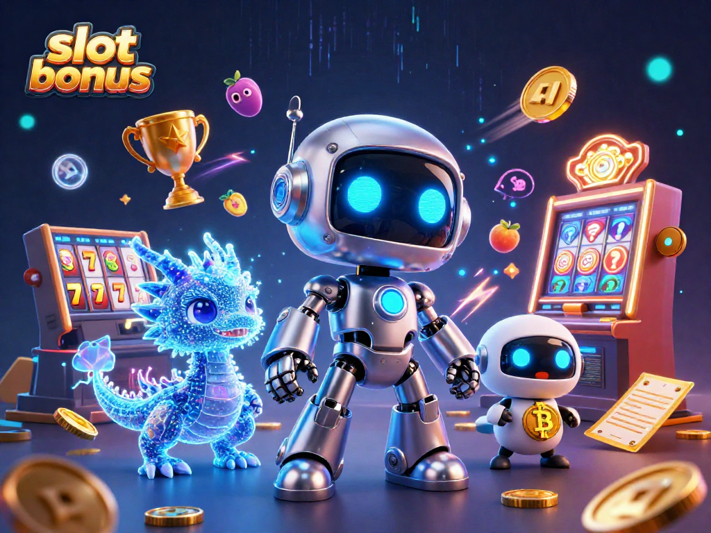 Engaging slot bonus scene featuring a cyberpunk robot with a dragon companion and vibrant game elements.