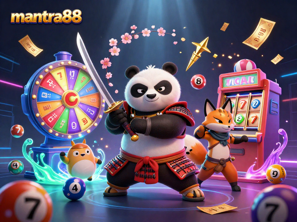 Win big with mantra88 in this engaging casino-themed illustration featuring vibrant game elements.