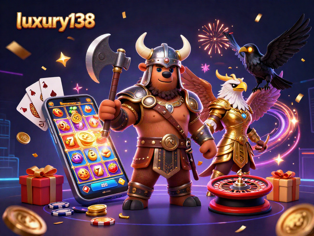 luxury138 mengangkat slot permainan yang menarik dengan karakter unik dalam ilustrasi kasino.
