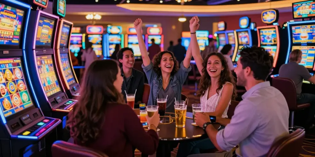 Permainan slot yang menyenangkan dengan mesin slot berwarna-warni, teman bersenang-senang di kasino.