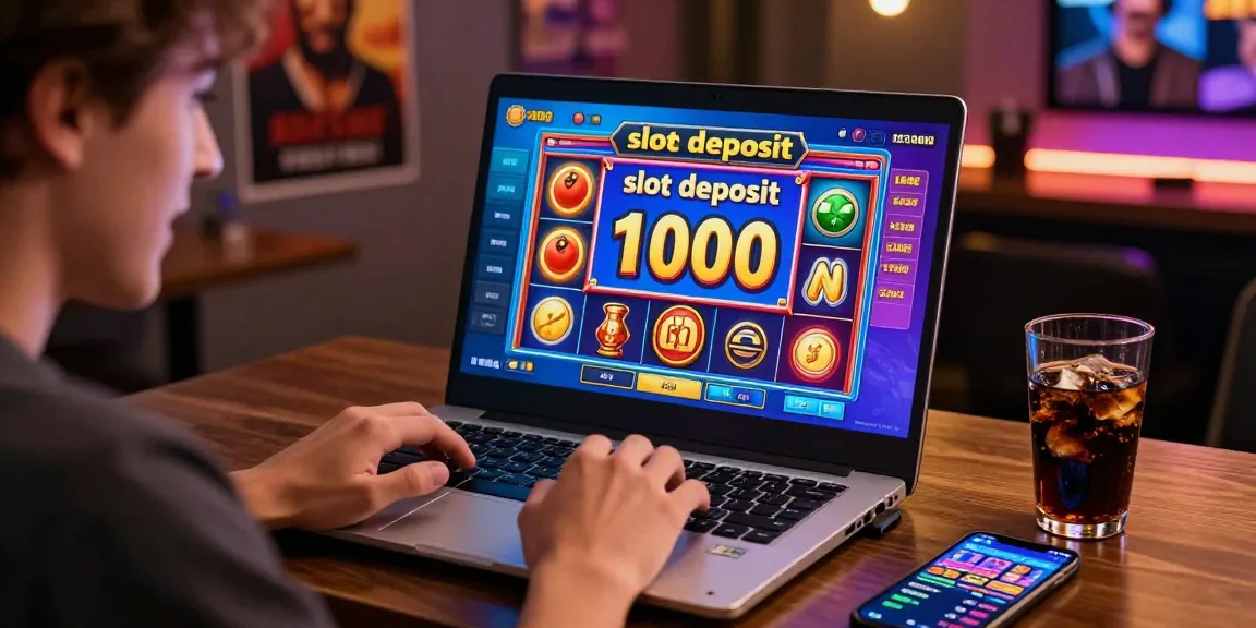 Player excitedly engages with 'slot deposit 1000' on laptop, embodying an inviting online gambling atmosphere.