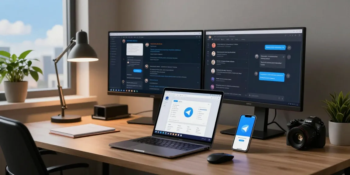 Professional in modern office using Telegram官网 on multiple screens, highlighting seamless communication.