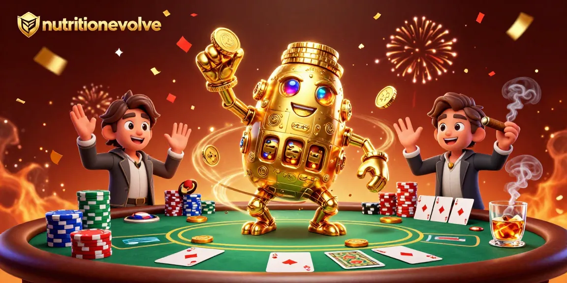 Experience the thrill of casino games with nutritionevolve's vibrant illustration of a golden golem surrounded by poker elements.